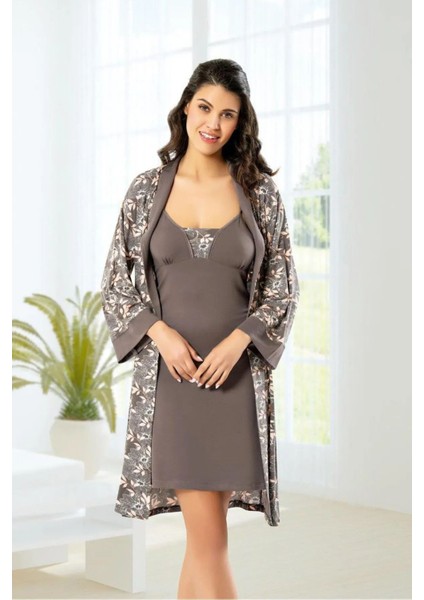 6022 Kadın Viskon Ip Askılı Gecelik Sabahlık Takım-Kahve fırsatları