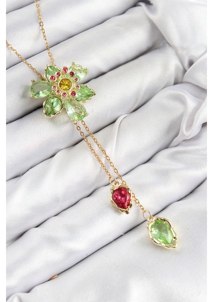 Vıp Pirinç Zirkon Taşlı Çiçek Model Gold Renk Asansörlü Kadın Kolye - Lisinya