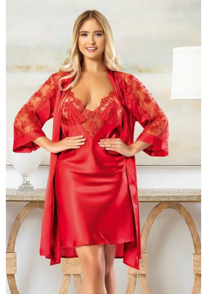 2021 Kadın Dantel Detaylı Saten Ip Askılı Kısa Gecelik Sabahlık Takım-Kırmızı