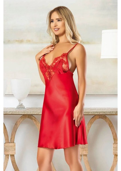 2021 Kadın Dantel Detaylı Saten Ip Askılı Kısa Gecelik Sabahlık Takım-Kırmızı modelleri