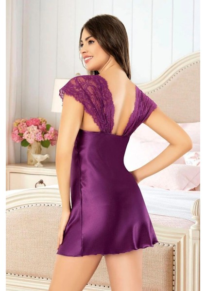 2061 Kadın Dantel Detaylı Saten Ip Askılı Kısa Gecelik Sabahlık Takım-Mor fiyatları