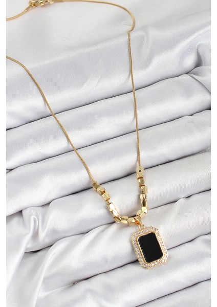 316L Çelik Zirkon Taşlı Siyah Baget Model Gold Renk Kadın Kolye - Lisinya fiyatları