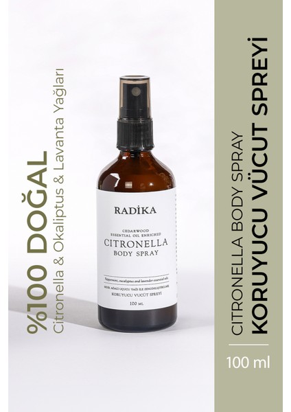 Radika Citronella Vücut Spreyi 100 ml Doğal İçeriklerle Sivrisinekleri Uzak Tutma Özelliği