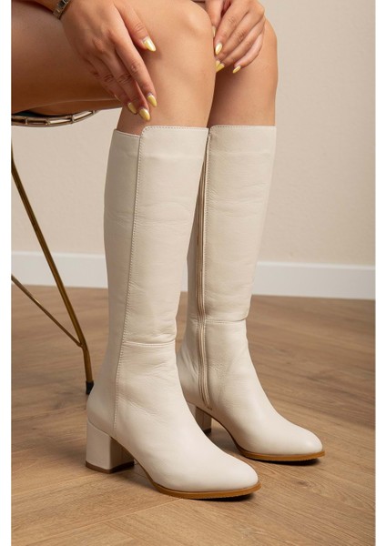 Kadın Hakiki Deri Şık Topuklu Çizme - Krem