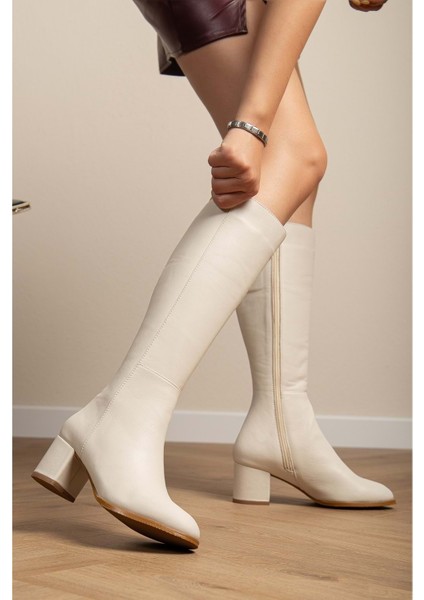 Kadın Hakiki Deri Şık Topuklu Çizme - Krem fiyatları