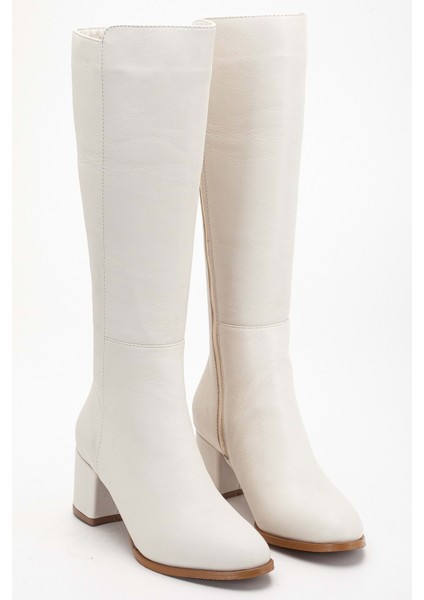 Kadın Hakiki Deri Şık Topuklu Çizme - Krem fırsatları