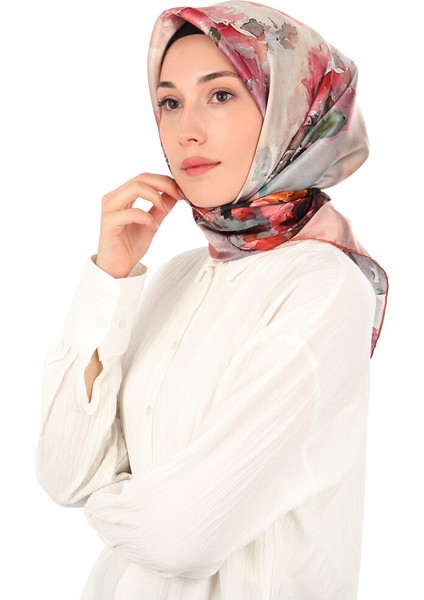 Koyu Somon Kamelya Desen Sura Ipek Eşarp