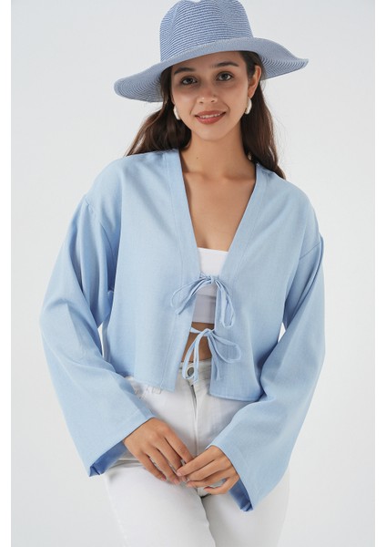 Önü Bağlamalı Keten Kimono 960 - Mavi