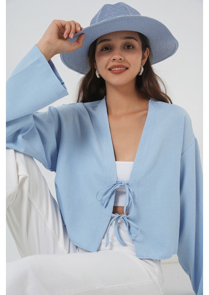 Önü Bağlamalı Keten Kimono 960 - Mavi modelleri