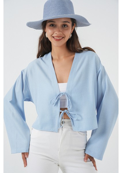 Önü Bağlamalı Keten Kimono 960 - Mavi fırsatları