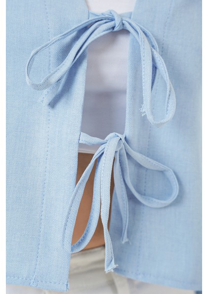 Önü Bağlamalı Keten Kimono 960 - Mavi indirimleri