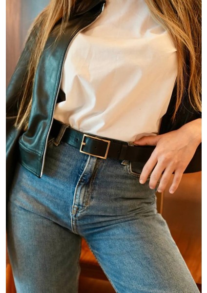 Kadın Classic Kemer Siyah Casual Pantolon için 100% Hakiki Deri Kemeri