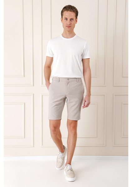 Bermuda 034 Slim Fit Beli Lastikli Gofre Pamuklu Casuel Taş Şort