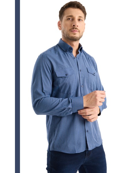 Erkek Gömlek Lacivert Uzun Kollu Pamuklu Kareli Çift Cepli Rahat Günlük Şık Klasik Model