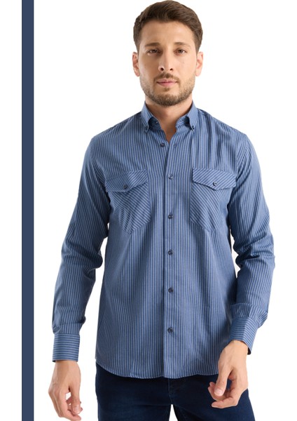 Erkek Gömlek Lacivert Uzun Kollu Pamuklu Kareli Çift Cepli Rahat Günlük Şık Klasik Model modelleri