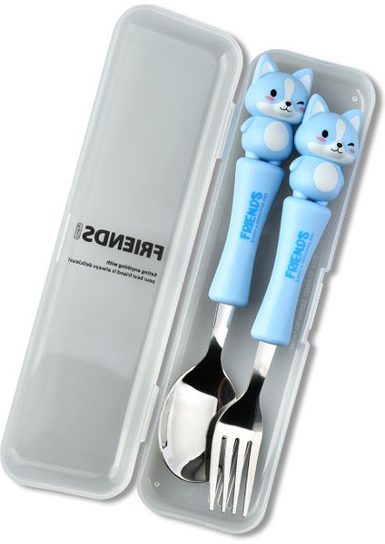 Mavi Renk Kedi Figürlü Premium Çocuk Bpa Free Paslanmaz Çelik Uçlu Çatal-Kaşık Set 24+ Ay