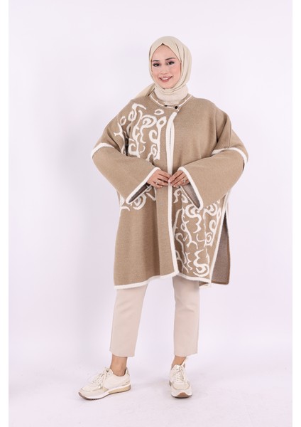 12610 Desenli Sakal ve Düğmeli Panço Vizon