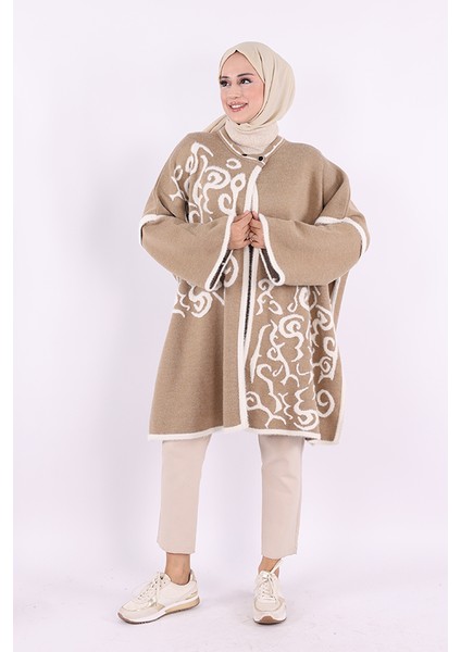 12610 Desenli Sakal ve Düğmeli Panço Vizon fiyatları