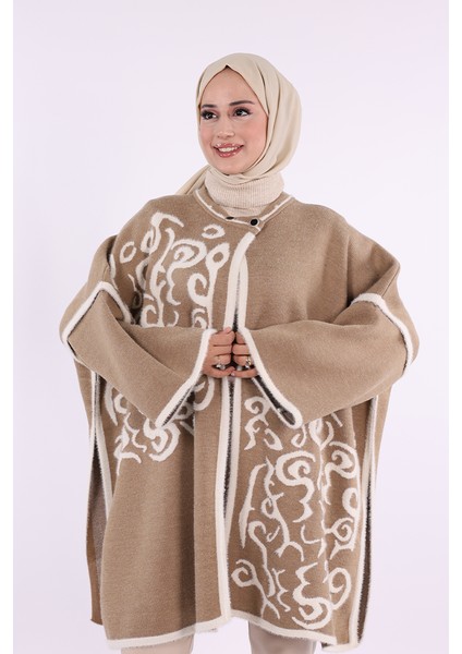 12610 Desenli Sakal ve Düğmeli Panço Vizon indirimleri