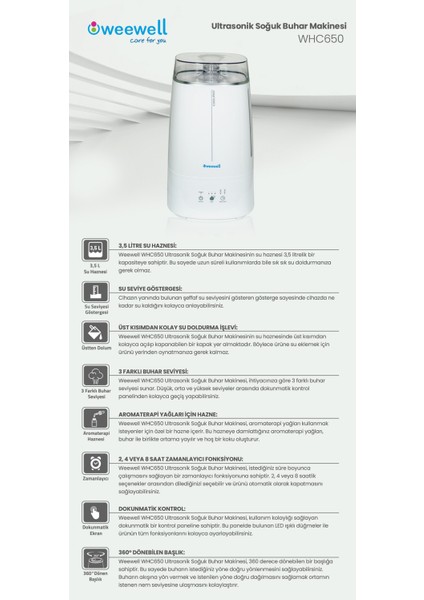 WHC650 Ultrasonik Soğuk Buhar Makinesi - Ultra Sessiz, Aromaterapi Fonksiyonu, 3,5 Litre, Beyaz indirimleri