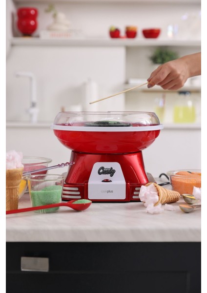 Retro Pamuk Şeker Makinesi Kırmızı 5 Parça Set Dayanıklı Plastik Metal Gövdeli Kompakt Tasarım