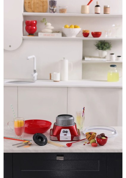 Retro Pamuk Şeker Makinesi Kırmızı 5 Parça Set Dayanıklı Plastik Metal Gövdeli Kompakt Tasarım