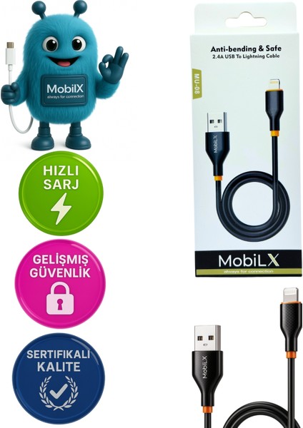 Mobilx Mu-08 2.4A Silikon USB To Lightning Hızlı Şarj ve Data Kablosu (1m)