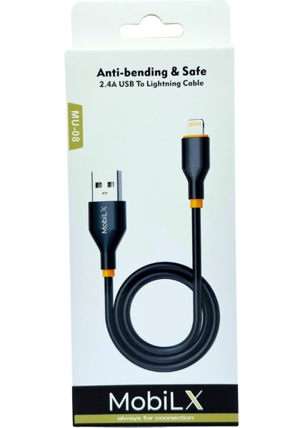 Mobilx Mu-08 2.4A Silikon USB To Lightning Hızlı Şarj ve Data Kablosu (1m) fiyatları