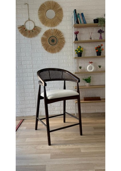 Concept Gazel Bar Sandalyesi Teddy Krem Kumaş Hasırlı Koyu Ceviz Ahşap Ada Sandalye