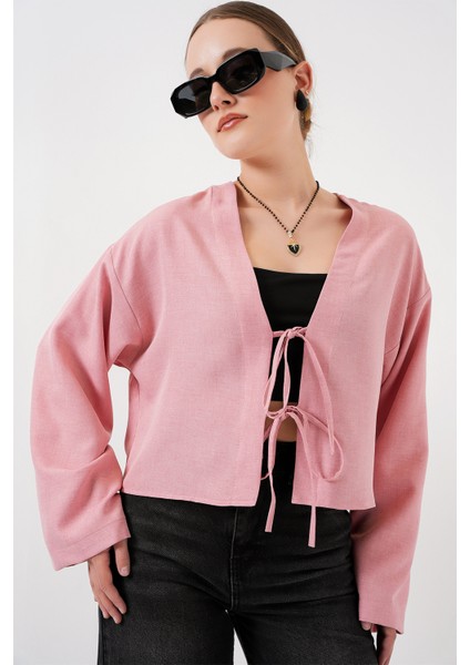 Önü Bağlamalı Keten Kimono 960 - Pudra modelleri