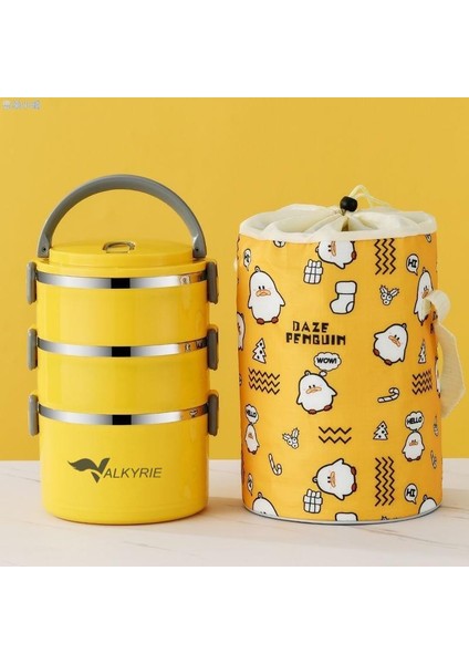 3 Gözlü Çelik Penguen Desenli Sarı Termal Bento Kutusu Çocuklar İçin Şirin