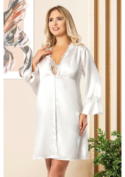 2023 Kadın Dantel Detaylı Saten Ip Askılı Kısa Gecelik Sabahlık Takım-Beyaz fiyatları