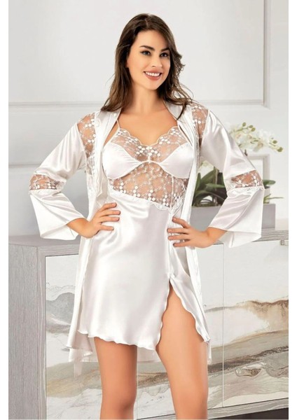 2041 Kadın Dantel Detaylı Saten Ip Askılı Kısa Gecelik Sabahlık Takım-Beyaz