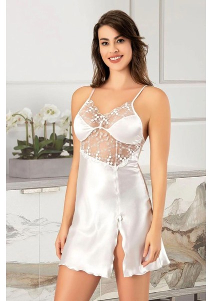 2041 Kadın Dantel Detaylı Saten Ip Askılı Kısa Gecelik Sabahlık Takım-Beyaz fiyatları