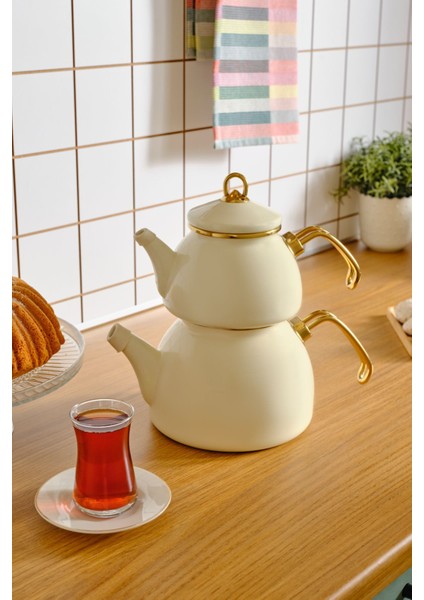 Retro Emaye Çaydanlık Seti 1,1 L ve 2,3 L Beyaz Gold Titanyum Saplı İndüksiyon Uyumlu modelleri