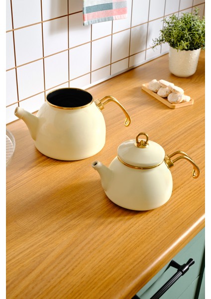 Retro Emaye Çaydanlık Seti 1,1 L ve 2,3 L Beyaz Gold Titanyum Saplı İndüksiyon Uyumlu fırsatları