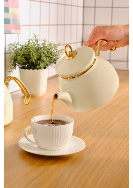 Retro Emaye Çaydanlık Seti 1,1 L ve 2,3 L Beyaz Gold Titanyum Saplı İndüksiyon Uyumlu indirimleri