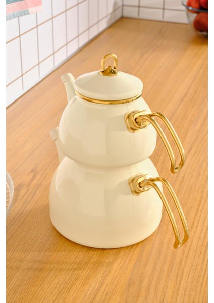 Retro Emaye Çaydanlık Seti 1,1 L ve 2,3 L Beyaz Gold Titanyum Saplı İndüksiyon Uyumlu
