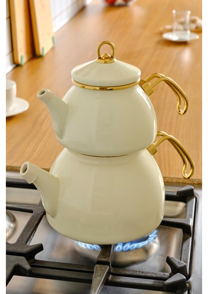 Retro Emaye Çaydanlık Seti 1,1 L ve 2,3 L Beyaz Gold Titanyum Saplı İndüksiyon Uyumlu