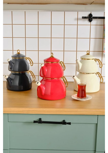 Retro Emaye Çaydanlık Seti 1,1 L ve 2,3 L Beyaz Gold Titanyum Saplı İndüksiyon Uyumlu