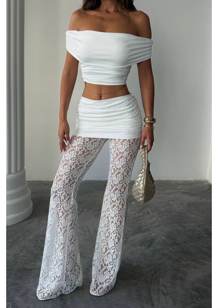 Kadın Transparan Dantel Detaylı Pantolon Crop Takım NBDF160