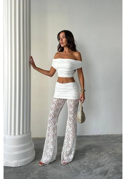 Kadın Transparan Dantel Detaylı Pantolon Crop Takım NBDF160 modelleri