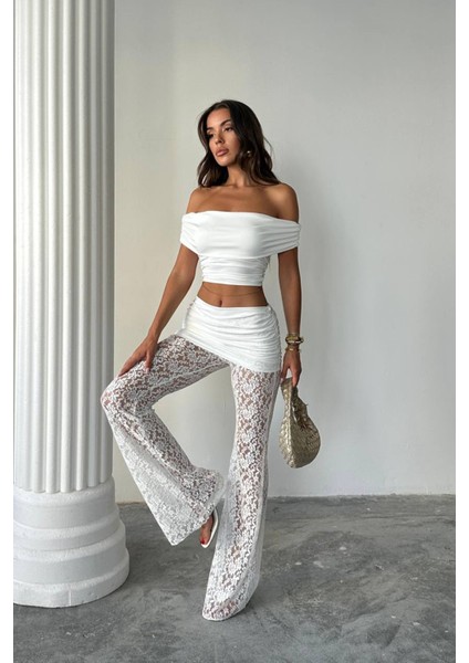 Kadın Transparan Dantel Detaylı Pantolon Crop Takım NBDF160 fırsatları