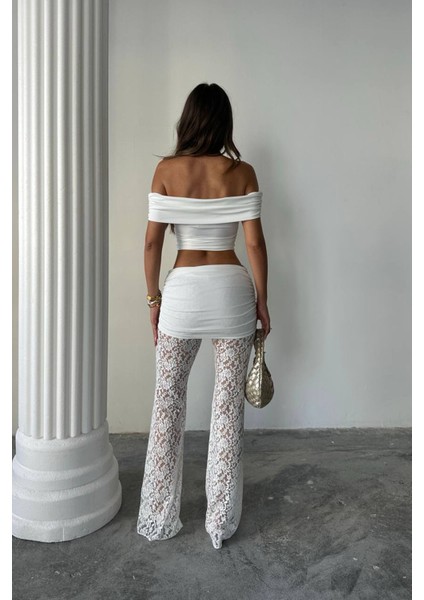 Kadın Transparan Dantel Detaylı Pantolon Crop Takım NBDF160 indirimleri