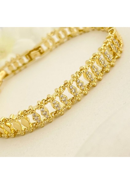 Kuyumcu Model Bileklik Vintage Arpa Bileklik Zirkon Çelik Kararmaz Xuping 14AYAR Gold 17+3cm