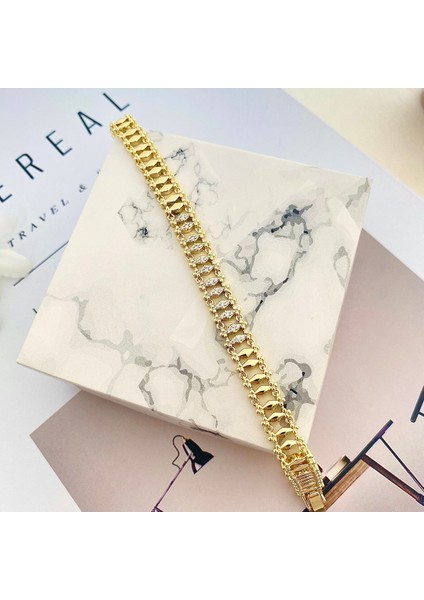 Kuyumcu Model Bileklik Vintage Arpa Bileklik Zirkon Çelik Kararmaz Xuping 14AYAR Gold 17+3cm