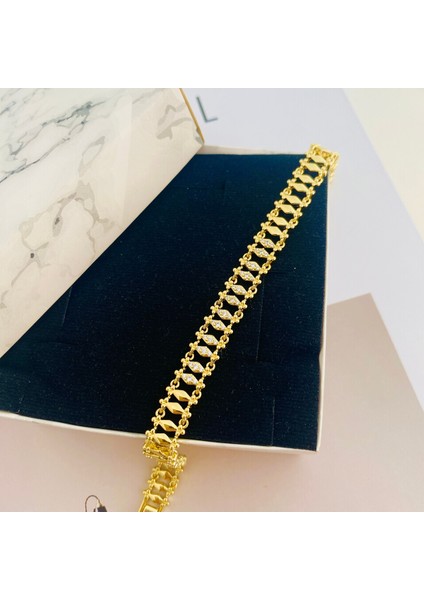 Kuyumcu Model Bileklik Vintage Arpa Bileklik Zirkon Çelik Kararmaz Xuping 14AYAR Gold 17+3cm