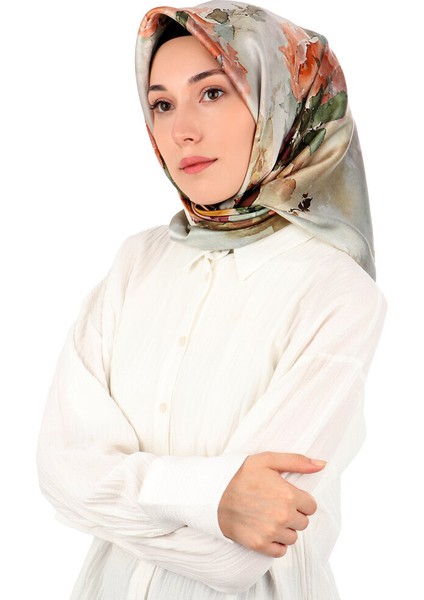 Su Yeşil Kamelya Desen Sura Ipek Eşarp