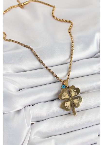 316L Çelik Burgu Zincirli Nazar Detaylı Yonca Model Gold Renk Kadın Kolye - Lisinya fiyatları