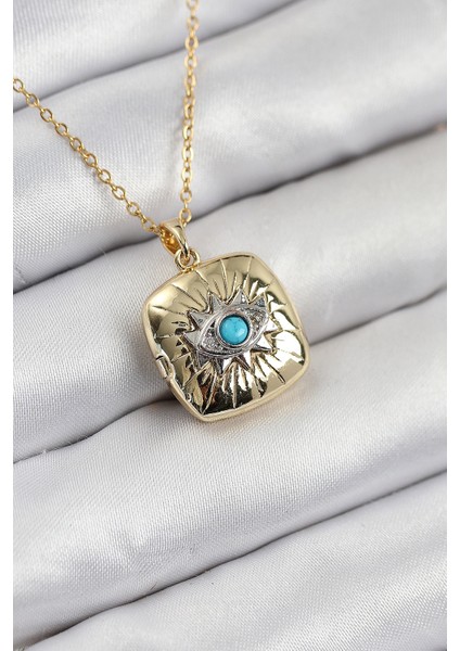 316L Çelik Zirkon Taşlı Açılabilr Kapaklı Göz Model Gold Renk Kadın Kolye - Lisinya